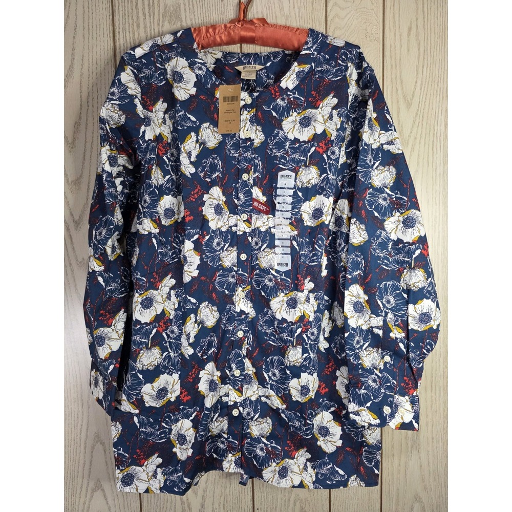 Duluth Trading Tunic Shirt 1X NWT Blue Poppy Floral Wrinklefighter No Gape 89814